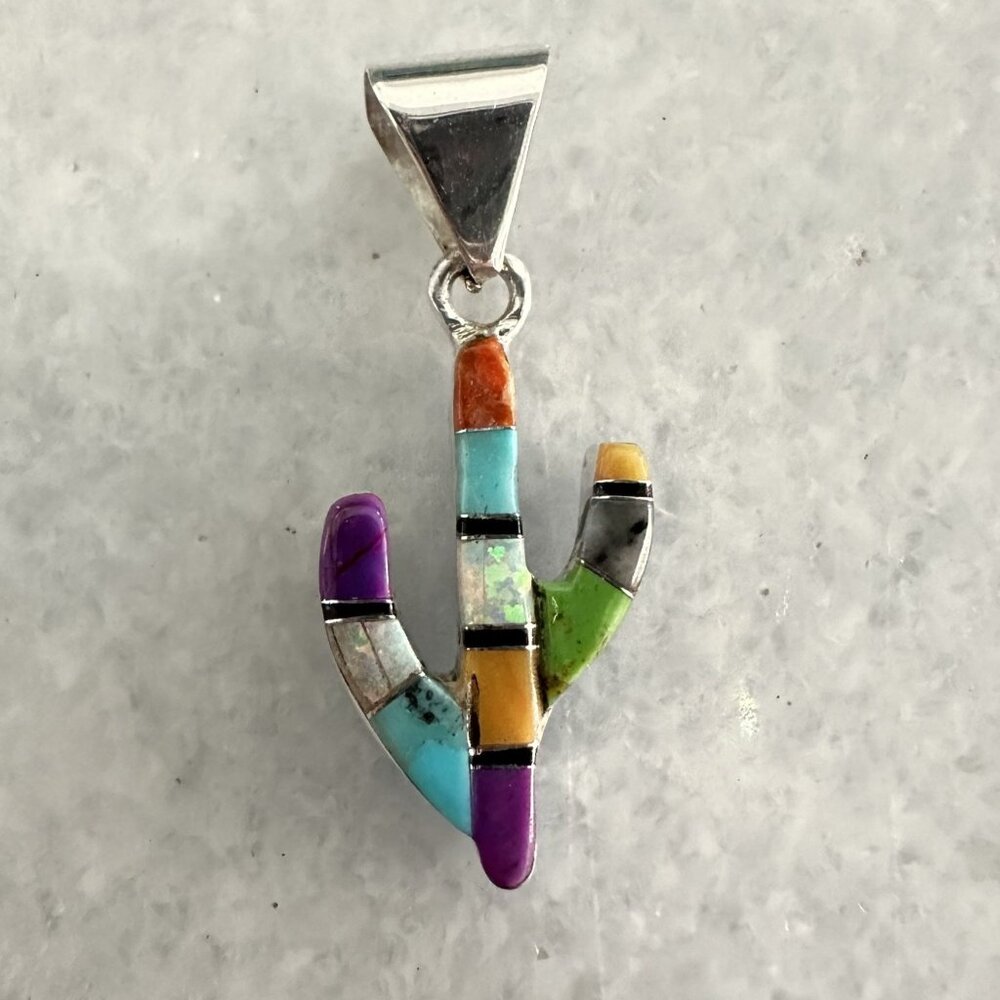 Handcrafted Sterling Silver Multi Color & Opal Reversible Saguaro Cactus Pendant